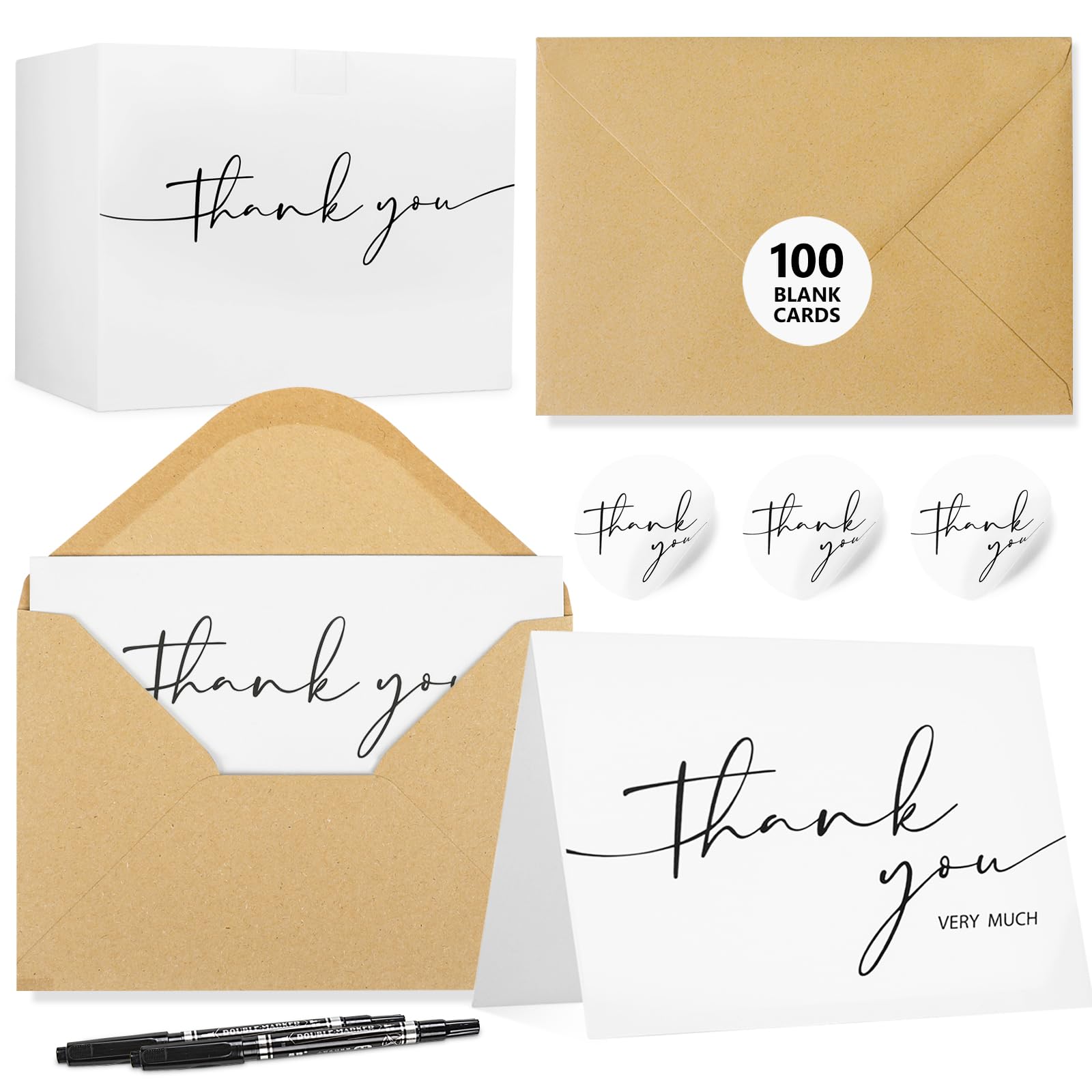 NESCCI 100 Pack Thank You Cards With Envelopes and Stickers，Classy 4x6 Blank Thank You Cards，Thank You Notes for Wedding, Small Business, Baby &