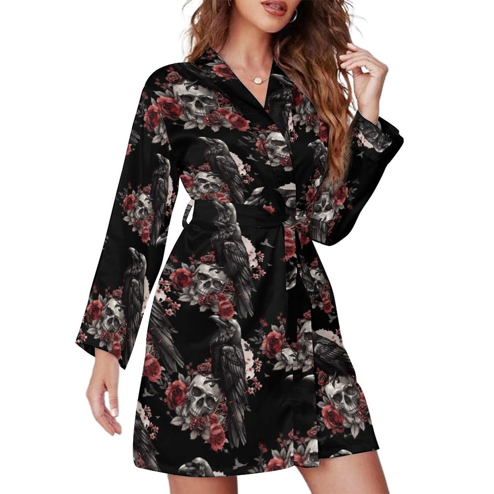 Gqwjksz Women's As Pic Black Raven Goth Skull Roses Short Robes Long Sleeve Belted Bathrobe Nightgown V Neck Sleepwear