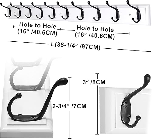 Miniatura 2 de Dseap Perchero montado en la pared 10-Ganchos, 16.0 in agujero a agujero, 38.0 in de largo, ganchos de madera para colgar abrigos, ganchos para