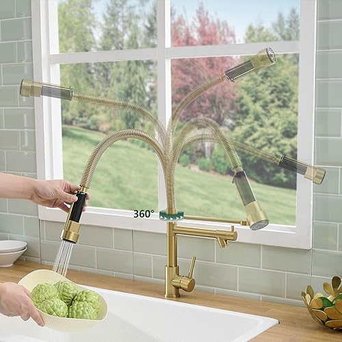 Miniatura 3 de Fapully Grifos de cocina comerciales con pulverizador, grifo de fregadero de cocina dorado cepillado con resorte de una sola manija