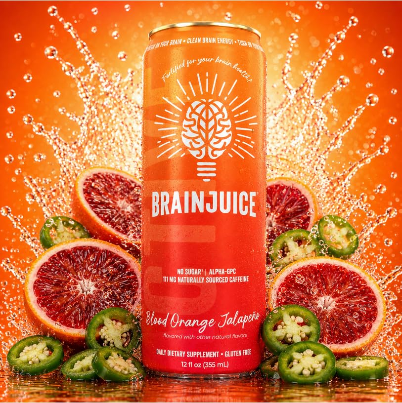 Image of BrainJuice Daily Brain Supplement Drink with Vitamins, Amino Acids & Natural Green Tea | Sugar-Free, Vegan, Gluten-Free, Non-GMO, 12 fl oz (Blood Orange Jalapeno)