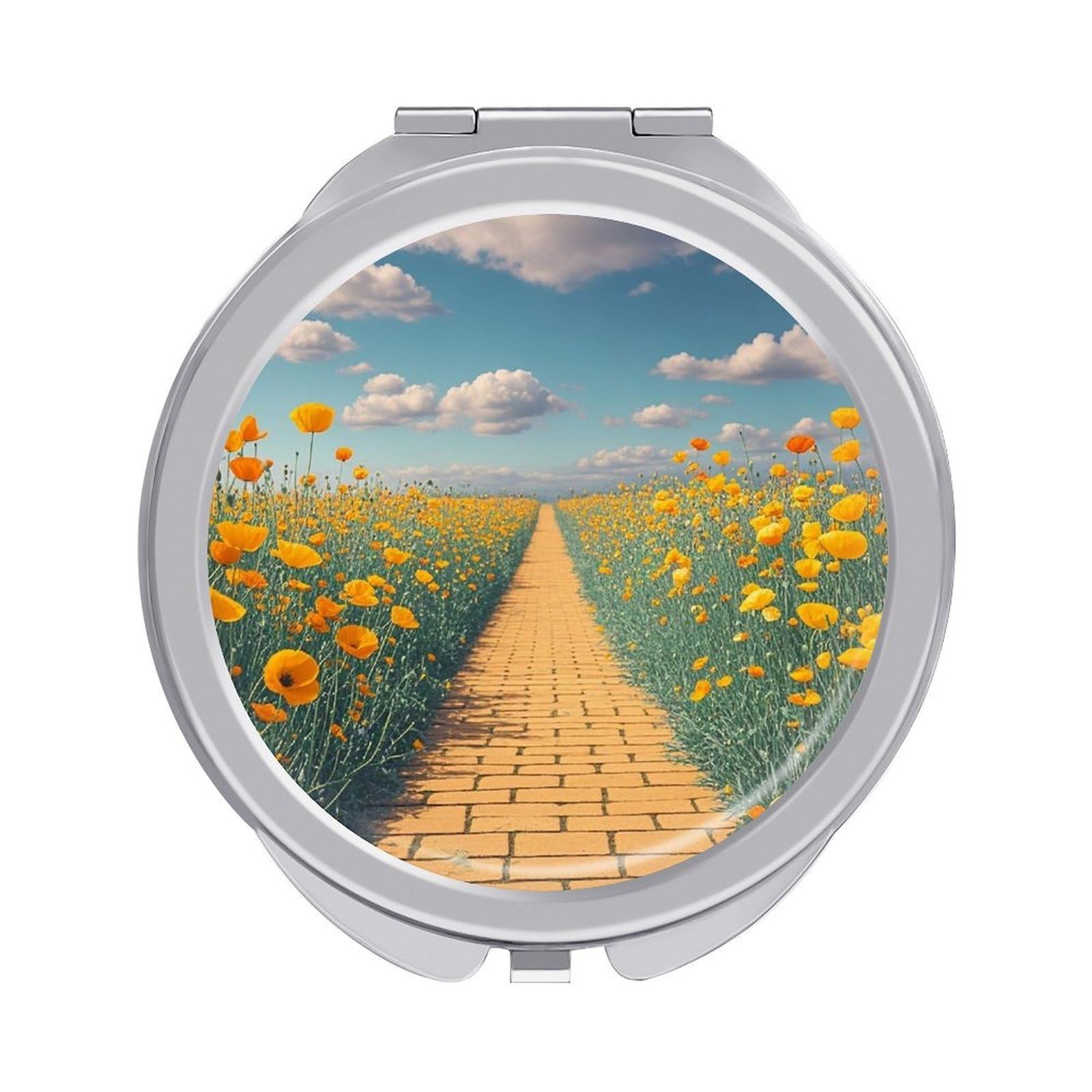 FekiLoot Poppies Field Yellow Brick Road Travel Makeup Mirror for Women Folding Portable Hand Compact Mirrors Small Round Vanity Mirror 1X/2X Magnifying Metal Pocket Makeup Mirrors