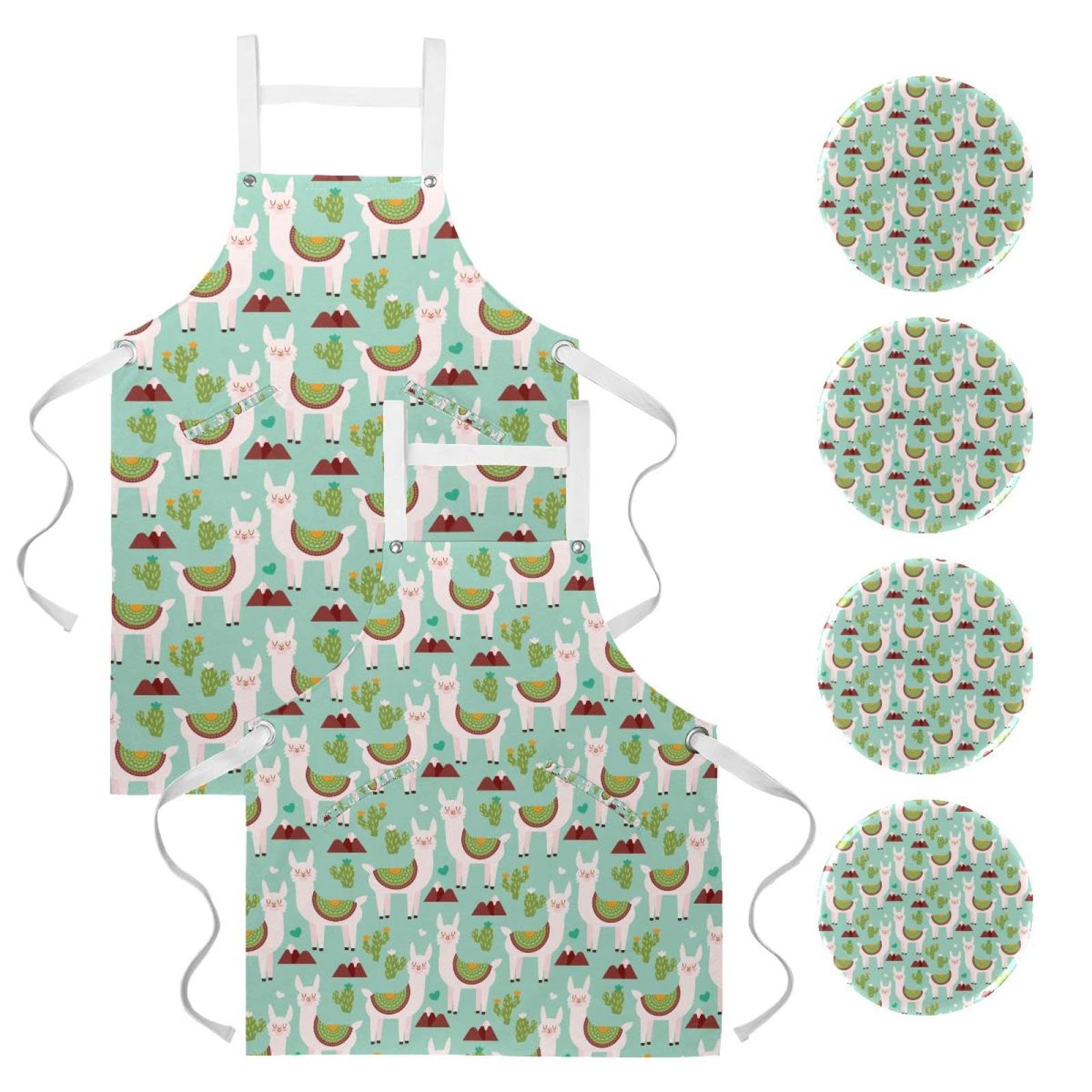 Lot de 2 tabliers de cuisine avec 4 broches et motif alpaga multicolore