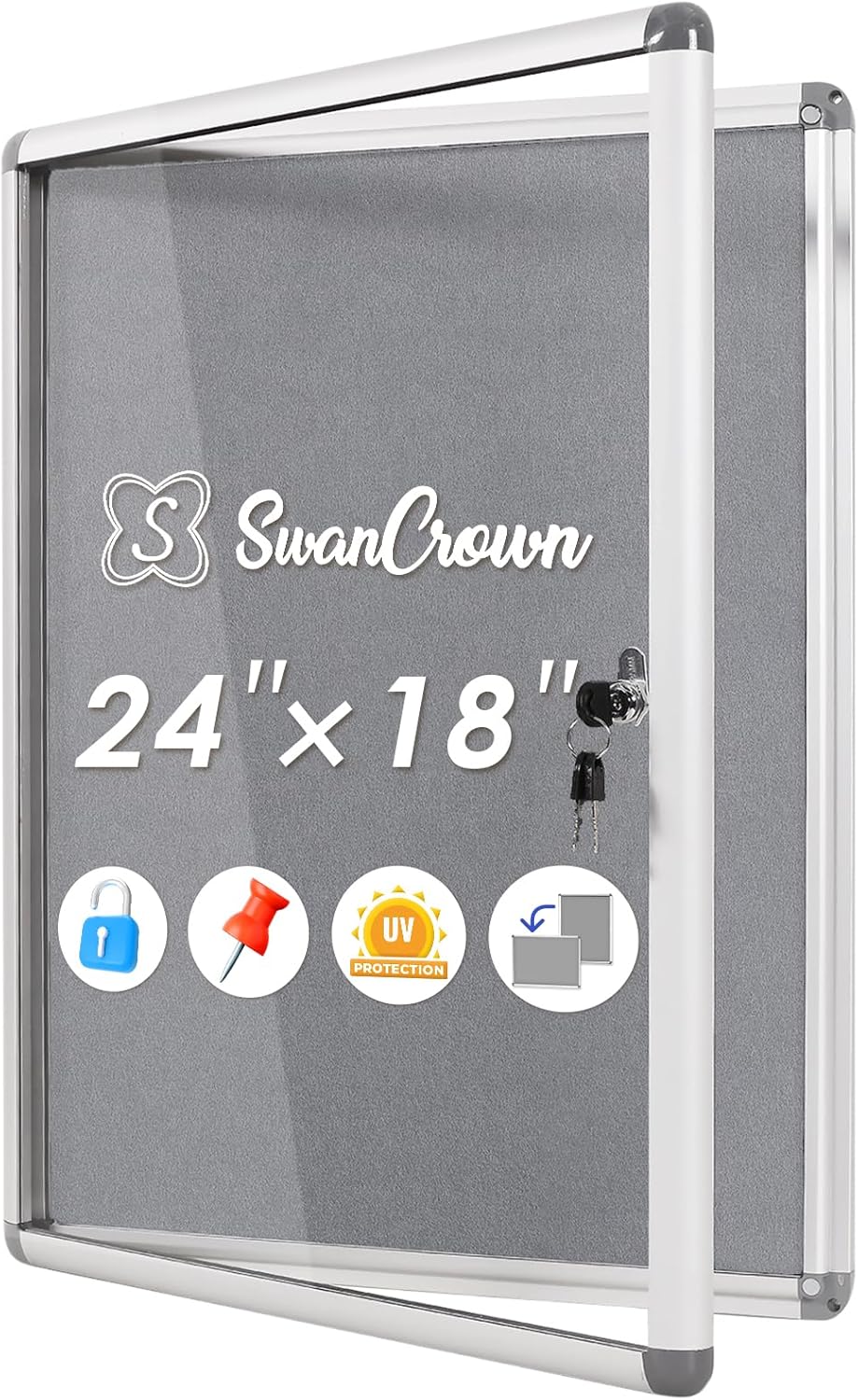 SWANCROWN Enclosed Bulletin Board 24x18 in, Tamperproof Lockable Grey Felt Board Wall Display Case for Office School Home, Aluminum Frame Sliver-g 24x18 in