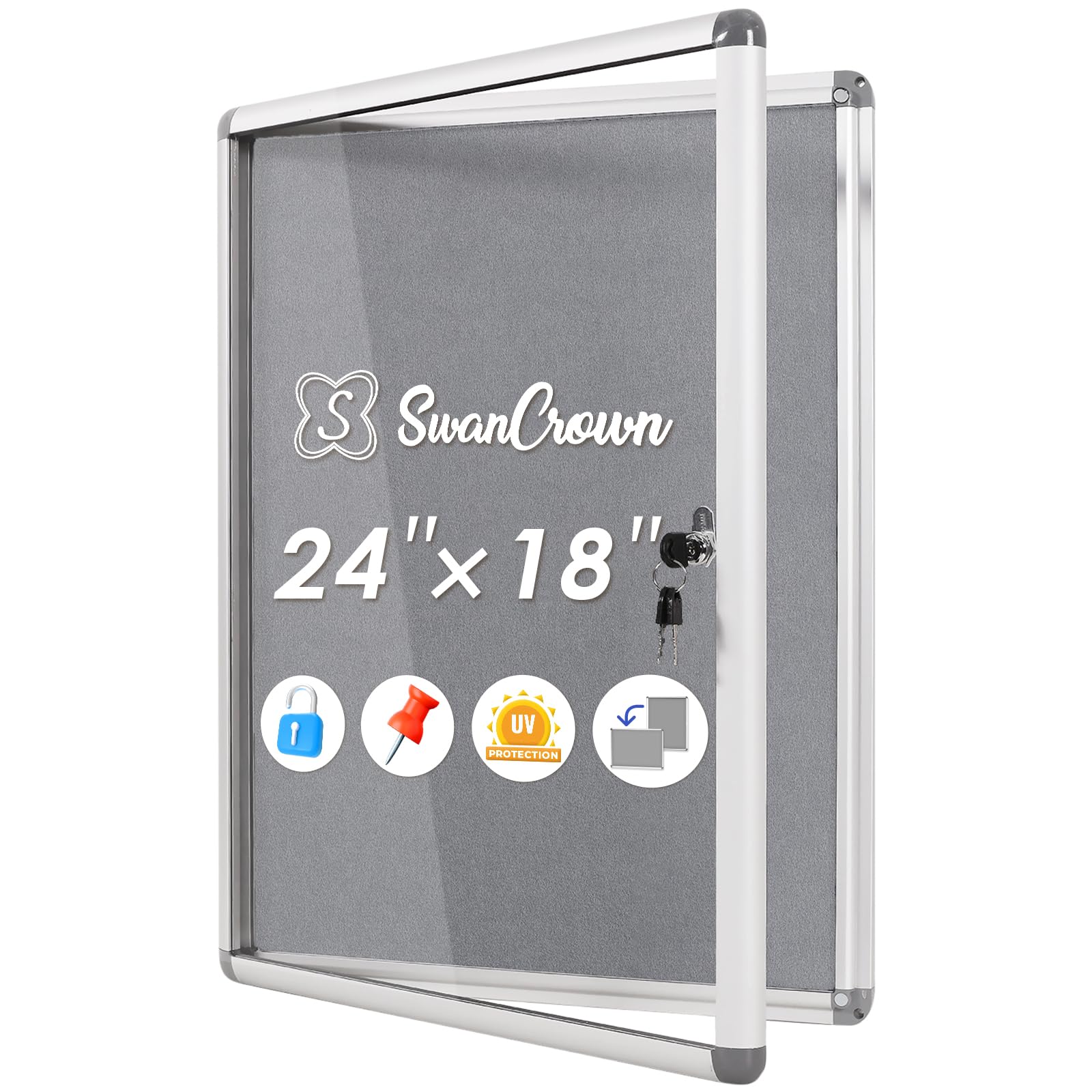 SWANCROWN Lockable Notice Board 600x450mm, Tamperproof Display Pin Board for Home Office School Commerce, Grey Felt โ image 1