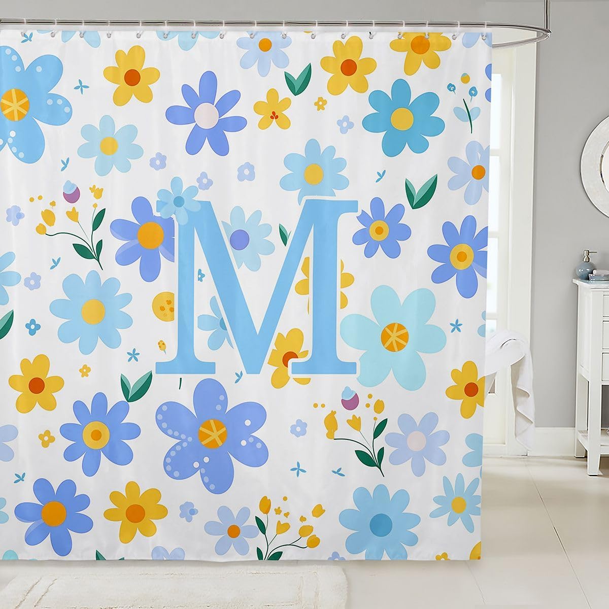 Feelyou Cute Flower Shower Curtain Cartoon Blue Floral Bath Curtain Personalized Letter M Bathroom Waterproof Accessories with 12 Hooks Kawaii Flowering Plants Waterproof Polyester,72x72 Inches