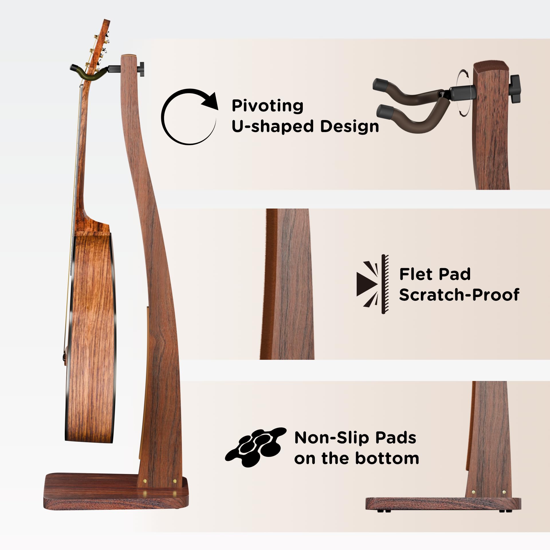 DIDA Stojak na gitarę akustyczną, wysokiej jakości stojak na gitarę z litego drewna, pojedynczy stojak na gitarę, półzakrzywiony wiszący stojak na gitarę (orzech amerykański, gitara akustyczna)