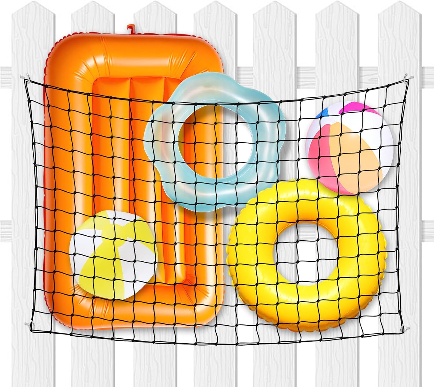 Pool Toy Float Storage Net, 71 * 47in Hanging Heavy Duty Elastic Mesh Net Organizer with 20 Hooks, Swimming Poolside Fence Holder for Inflatable Rafts, Noodles, Balls, Chairs