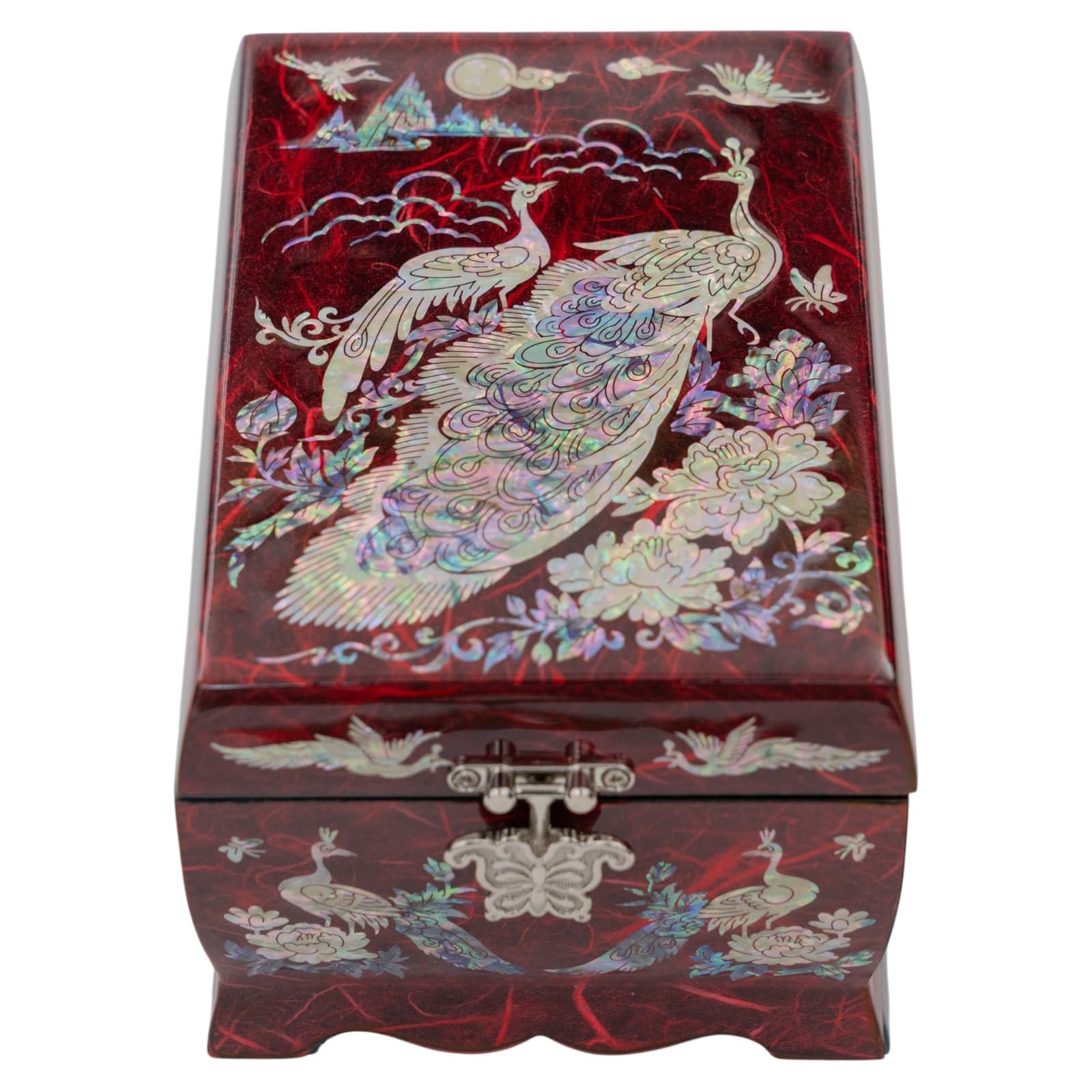 February Mountain Joyero musical de madreperla con espejo y soporte para anillos, caja de música, organizador de joyas tocando melodía Arirang, caja de joyería de pavo real, regalo para mujeres