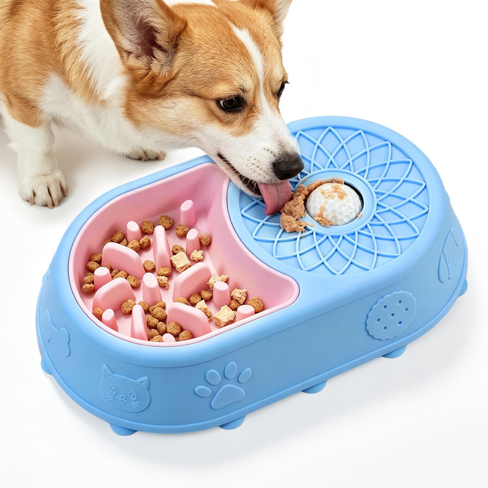 2-in-1 Slow Feeder Dog Bowl with Detachable Ball & Interactive Licking Mat