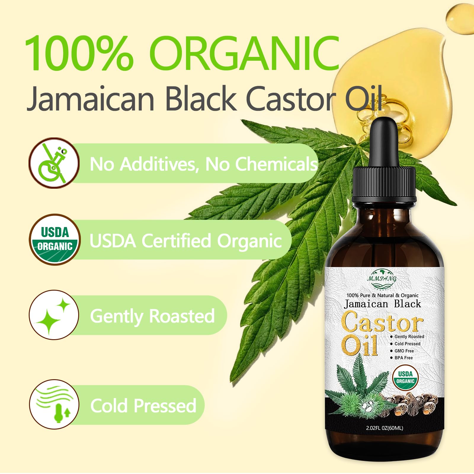 MMPANG USDA Organic Jamaican Black Castor Oil - 100% Pure, Cold Pressed, Hexane-Free & Vegan, 2oz Brown Glass Bottle w/Dropper & Dual Brush for Hair Growth, Thicker Eyelashes, Brows & Scalp Care