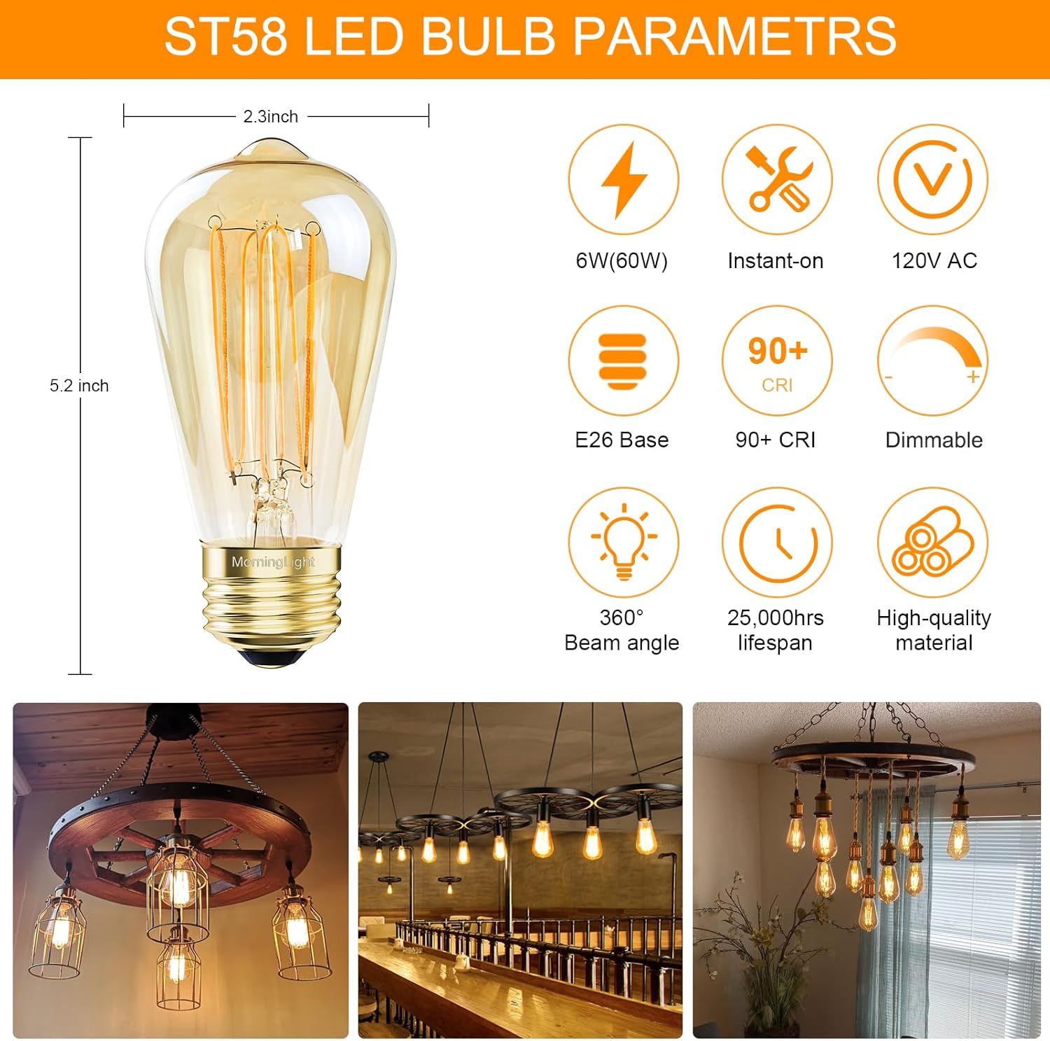 2 Pack E26 Vintage LED Edison Bulbs 60W Equivalent, Dimmable Vintage Light Bulbs Amber Warm 2200K, ST58 Antique Decorative 6W LED Bulbs for Farmhouse Pendant, Modern Ceiling Fixtures, 400LM, CRI90+