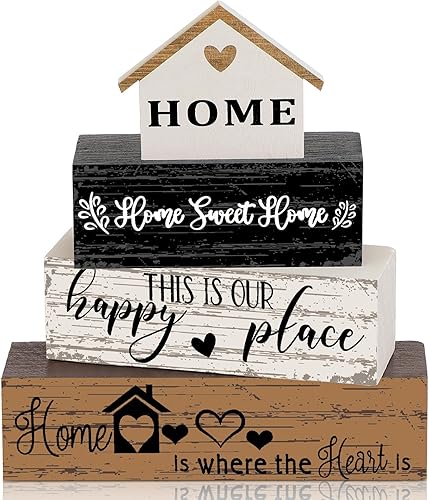 Miniatura 22 de Geelin 4 piezas de decoración de mesa de madera de Navidad de búfalo rojo y blanco, letreros rústicos para decoración de bandeja escalonada de gnomo