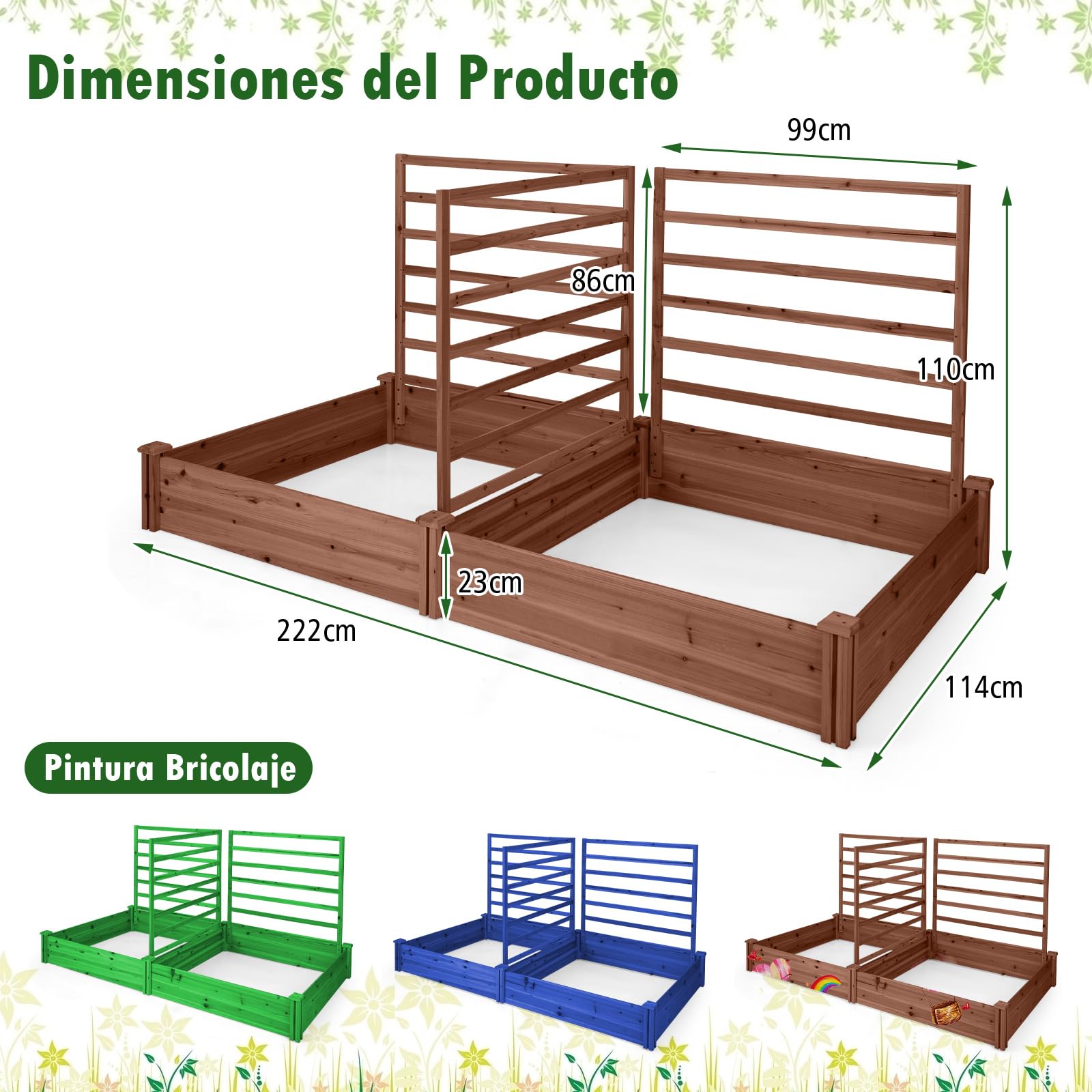 COSTWAY Jardinera con Enrejado, Cama Elevada de Jardín con 2 Maceteros y 3 Enrejados, Kit de Macetero de Madera para Exteriores, Macetero Elevado para Patio de Jardín, 222 x 114 x 110 cm (Marrón)