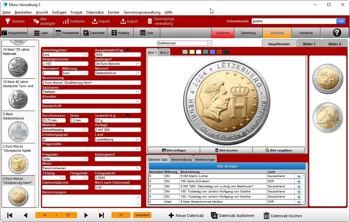 GS Münz-Verwaltung 5 - Software zur Verwaltung von Münzen - Datenbank Programm zur Münzverwaltung