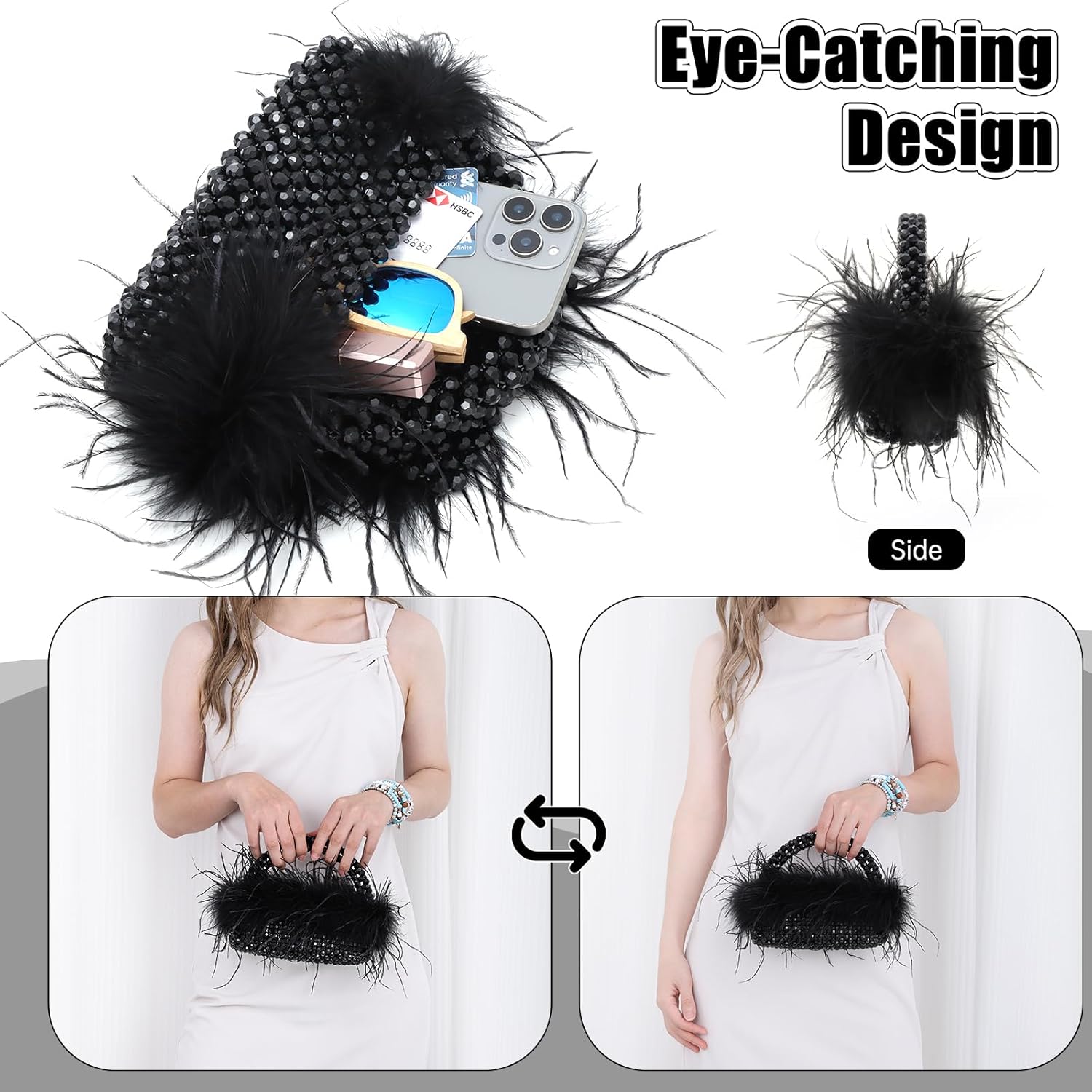 Fecialy Natural Ostrich Feather Clutch Purse for Women Beaded Handbags Handmade Evening Bag for Wedding Party - Image 6