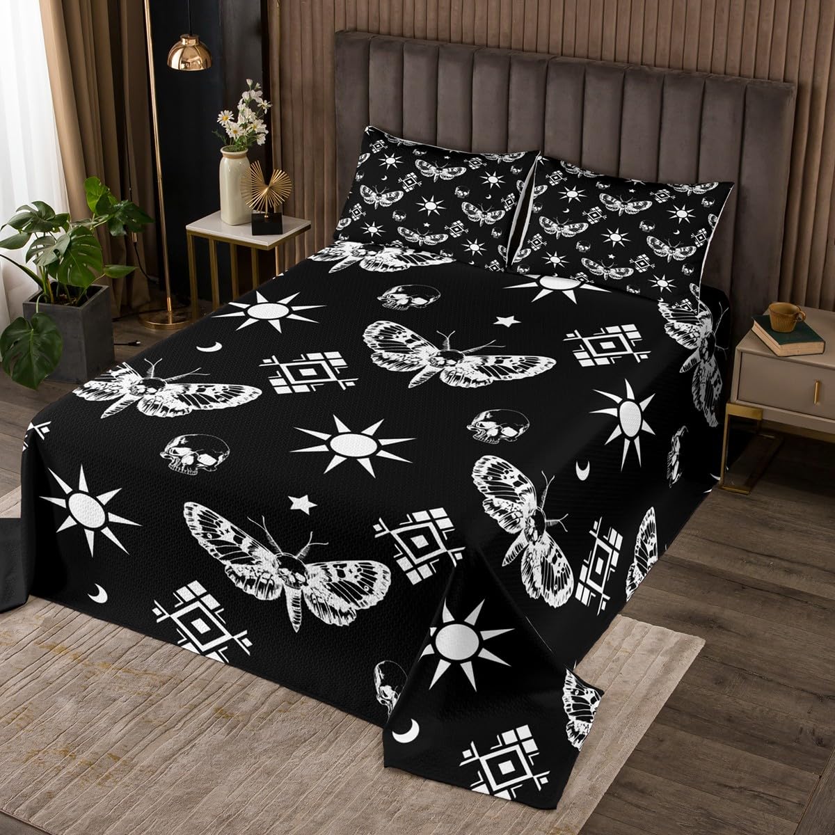 Dead Moth Skull Kids Bedspread Twin Size,Skeleton Sun Moon Star Bohemia Coverlet Set,Girls Boys Room Decor,Geometric Aztec Tribal Ethnic Quilted Coverlet,Black Retro Bedding Quilt,1 Pillowcase