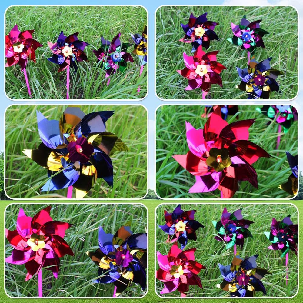 Henyall 25Pcs Rainbow Pinwheel,Colorful Plastic Windmills,Reflective Bird Repellent Windmill,Kids Outdoor Party Pinwheels,DIY Pinwheels Set for Lawns,Garden,Fruits and Party FavorRandom Colour) - Image 3