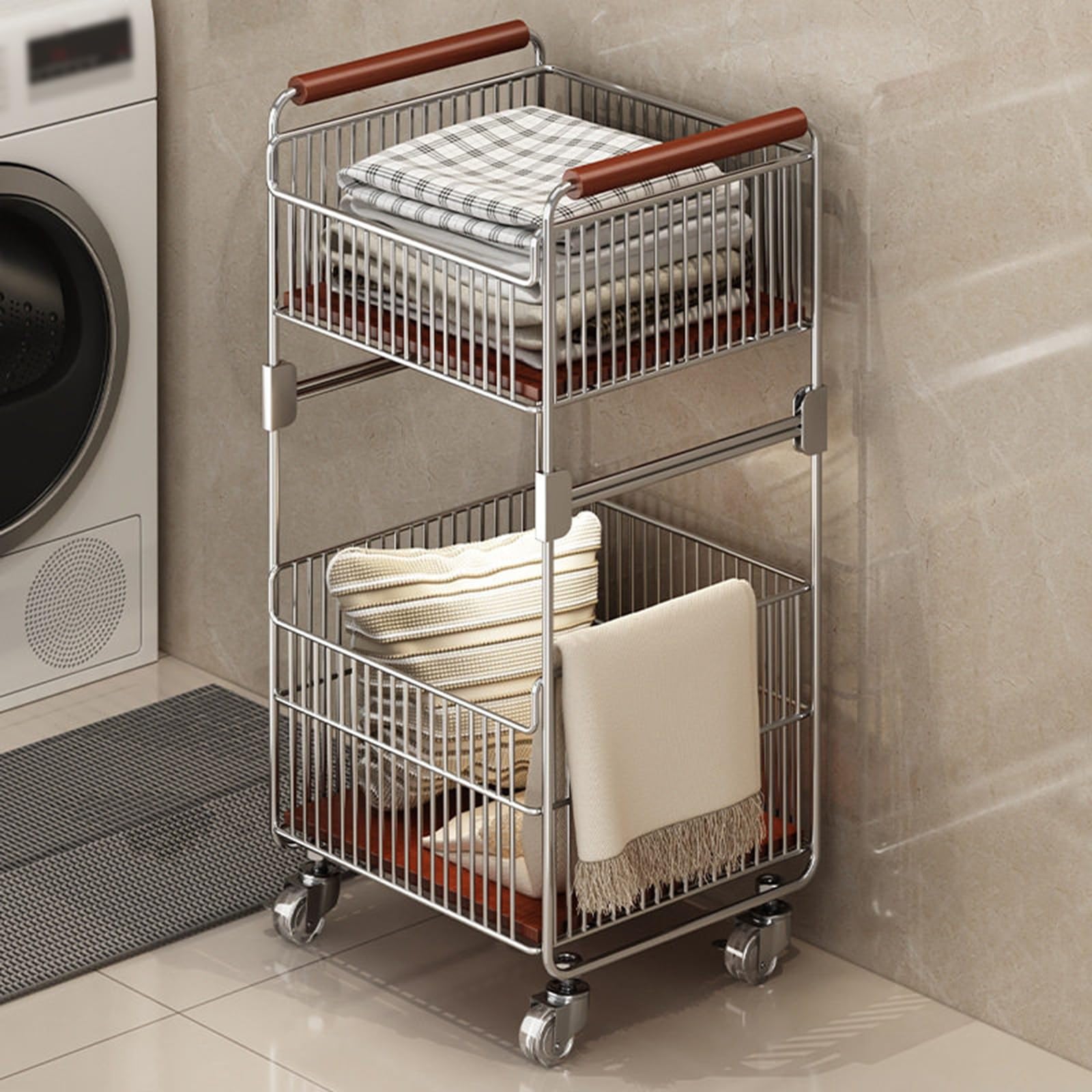 Cesto per biancheria sporca, carrello metallico 2 livelli ruote manici legn | Ruote silenziose, spazio ventilato asciugamani, telaio stabile per bagno, lavanderia e uso domestico