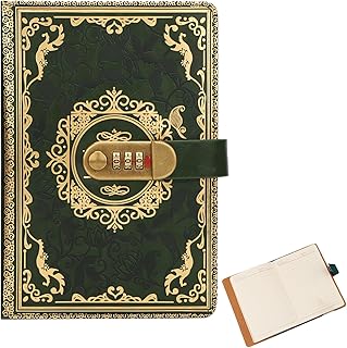 PANYI Tagebuch mit Schloss A5 Grünes PU Leder Journal mit Geprägter Blume Vintage Stil 200 Seiten Liniertes Papier Geheimes Tagebuch mit Code für Frauen Männer Jugendliche Geschenk Idee