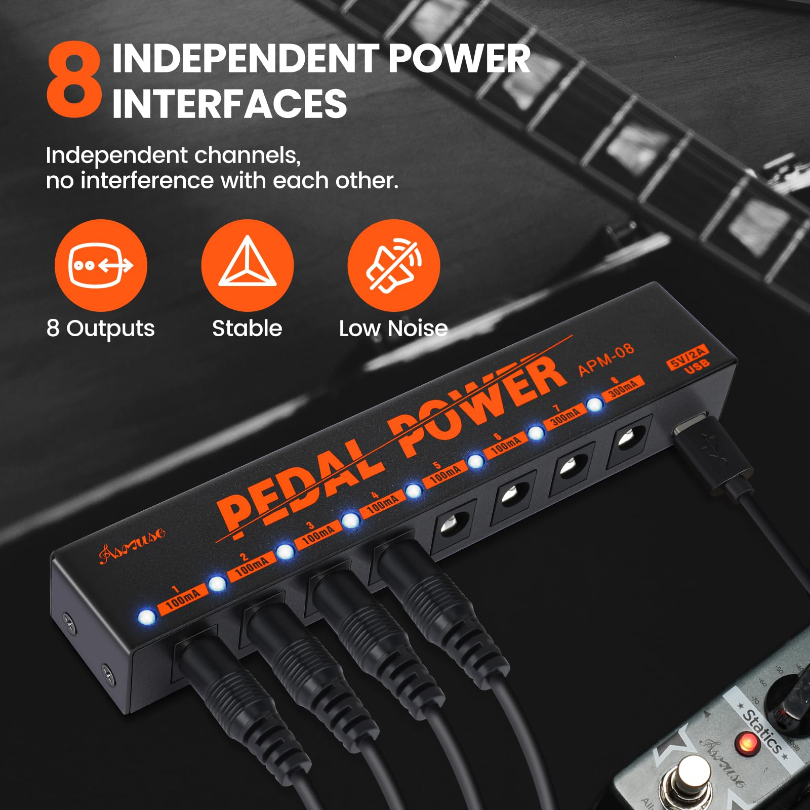 Asmuse Fuente de Alimentación para Pedal de Guitarra con 8 Salidas de CC, para Pedales de Efectos de Guitarra Eléctrica de 9 V