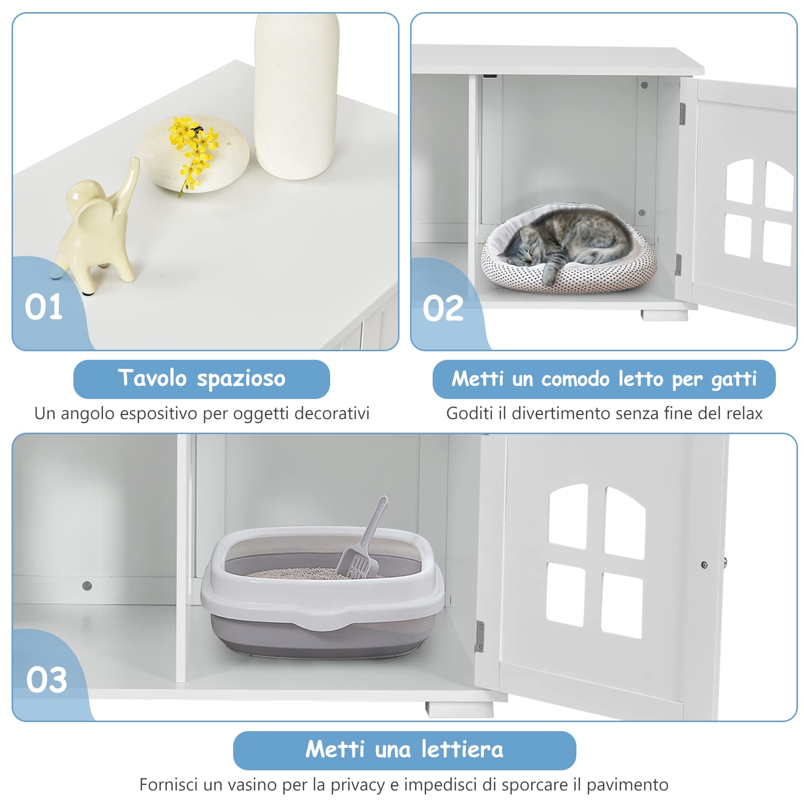 COSTWAY Casetta-comodino per Gatti con Doppie Porte e Finestre, Casetta Decorativa Ventilata per Domestici, 81 x 53 x 49 cm (Bianco)