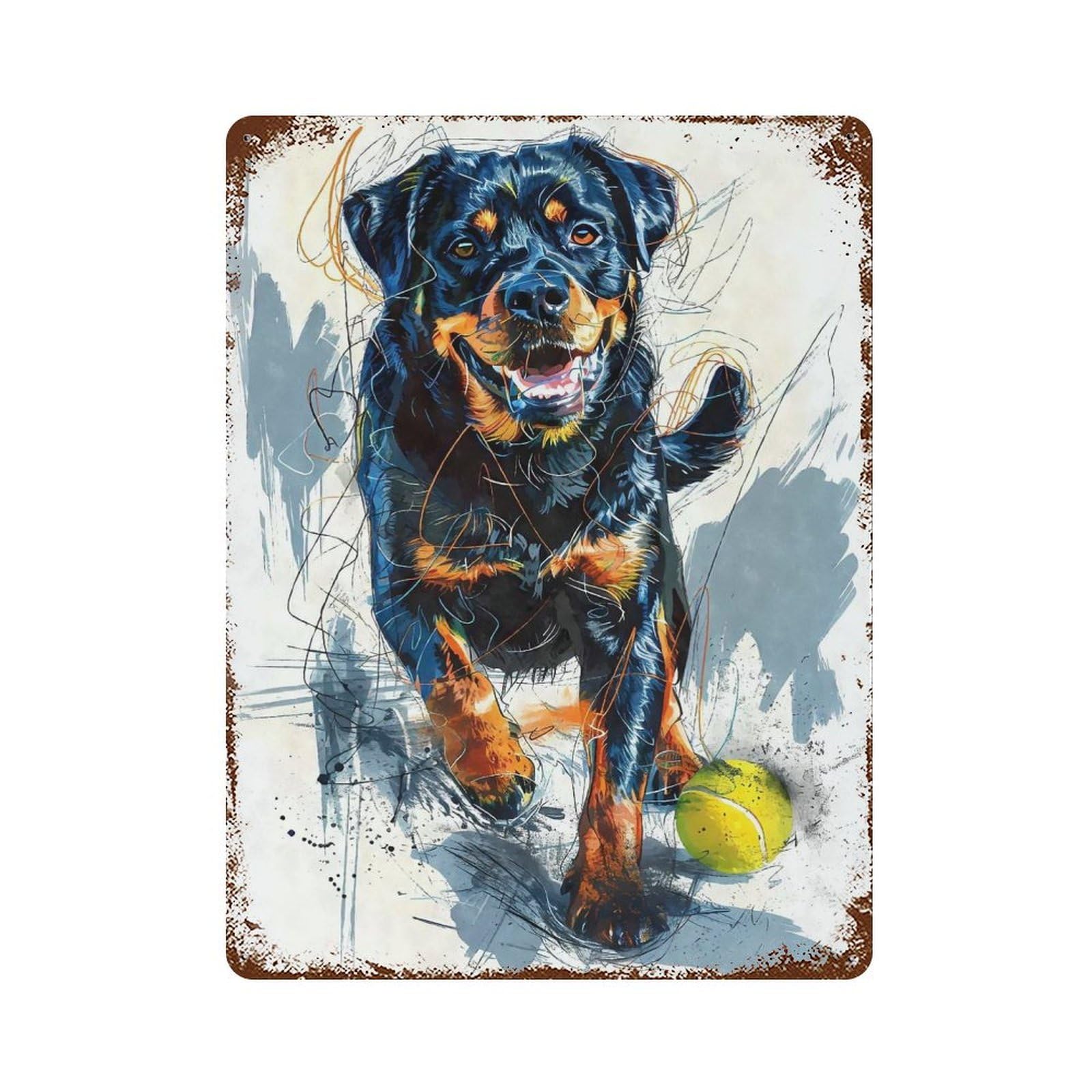 Distressed Metal Wall Sign with Rottweiler Catching Ball Design 15.7"x11.8", for Shed, Workshop And Garage Wall Decor, Decorative Metal Wall Art