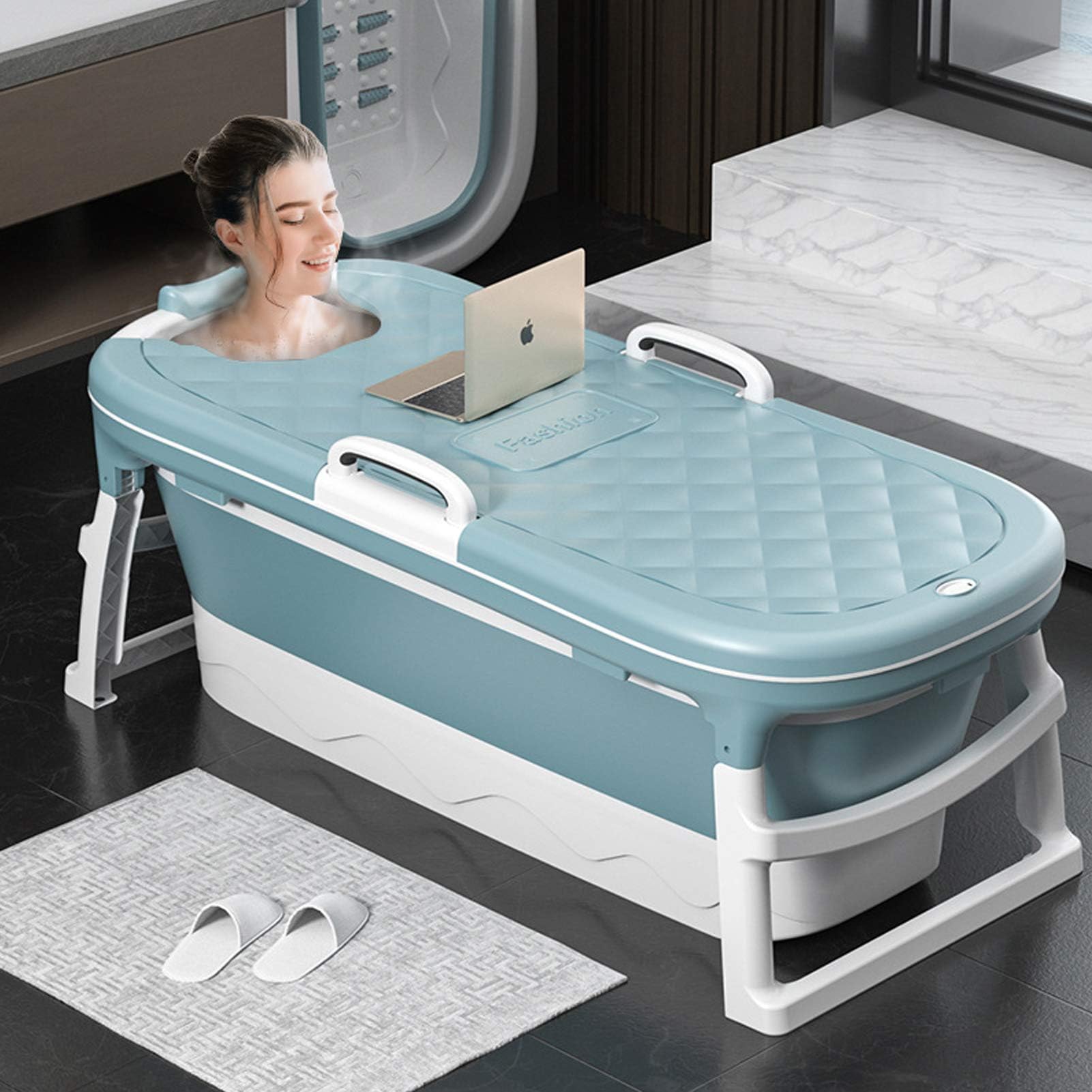 U HOOME Folding Bathtub, Portable Bathtub for Adults Children and Baby, Household Large Shower Tray, Adult Bathtub Barrel with Cover, Non-Slip Double Drain Ergonomics, Children Swimming Pool-Blue