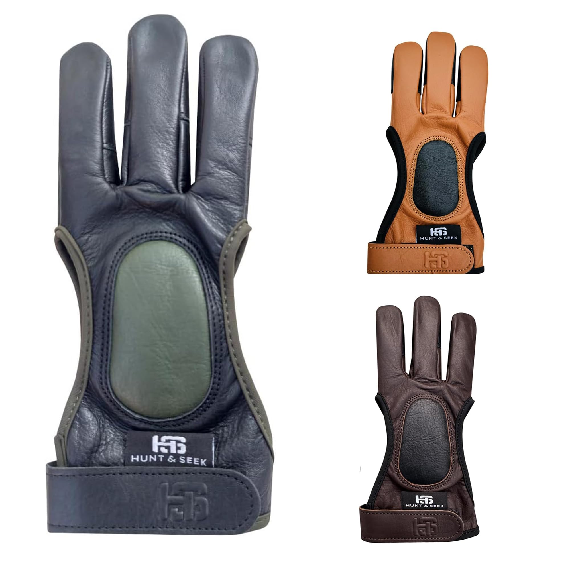 Hunt & Seek Cow Leather Three Finger Archery Glove for Recurve & Compound Bow – Finger Tab Accessory (Black, X-Large)