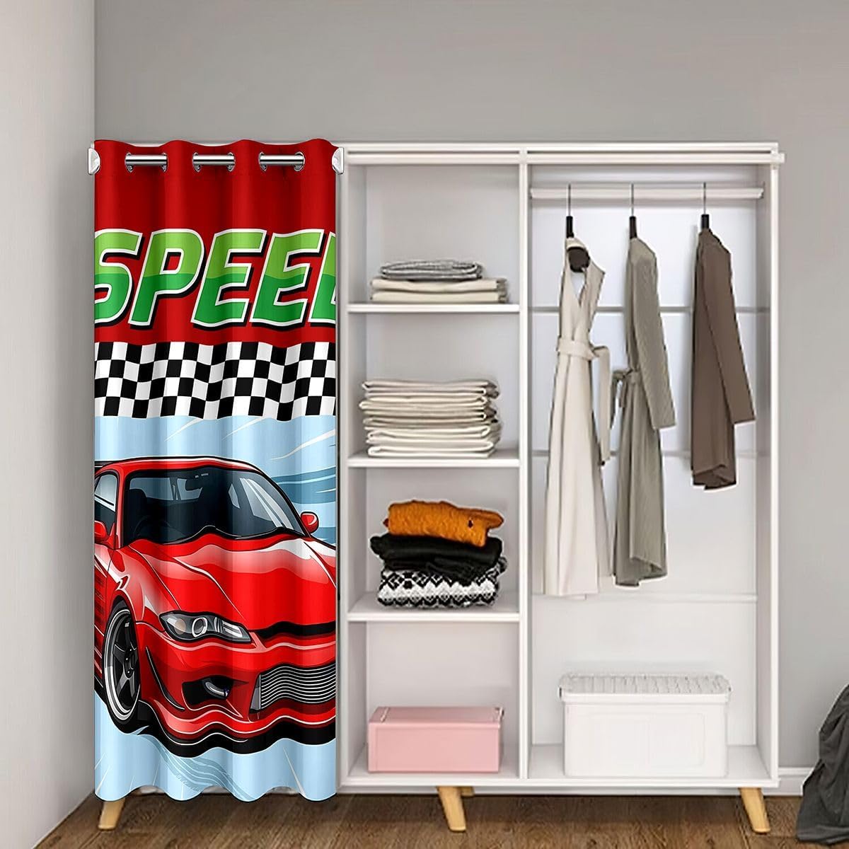 Castle Fairy Red Sports Car Door Curtain for Doorway Privacy Racing Checkered Sliding Closet Door Curtains Race Car Privacy Curtains Cover for Room Divider,W42 X L80 Blue Red image 2