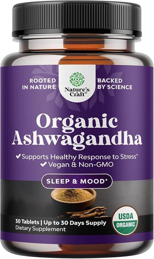 High Strength Organic Ashwagandha Supplements - Ashwagandha Organic Tablets for Mood Support & Hormone Balance for Women & Men - Root Extract Powder with Black Pepper for Better Absorption - 30 Ct