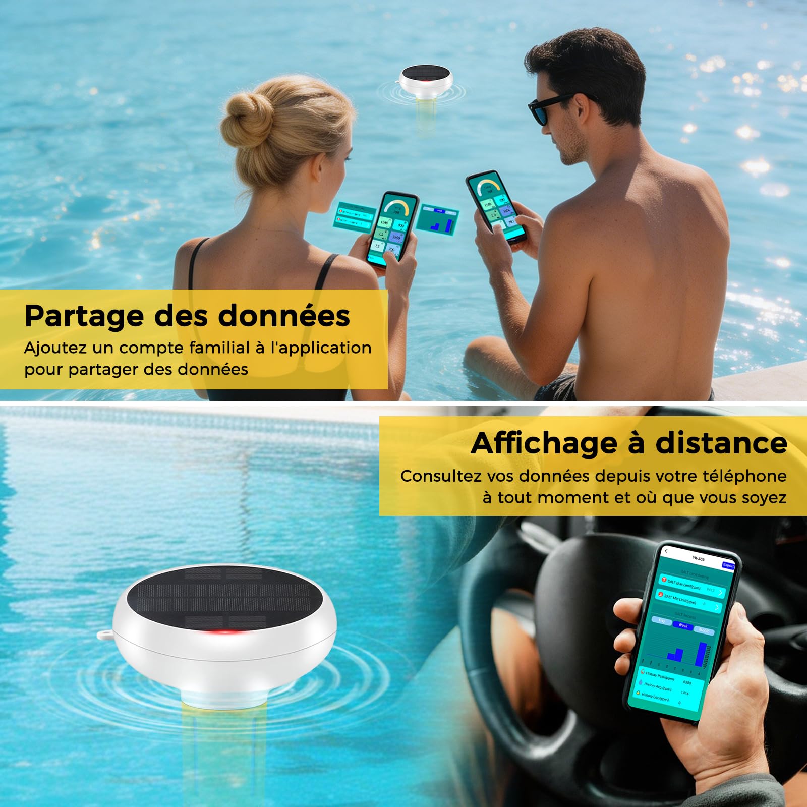 Thermomètre de piscine flottant 7 en 1 à énergie solaire pour moniteur de qualité de l'eau Tuya, pH de piscine, salinité, CL, PH, sel, ORP, conductivité électrique, moniteur de température, testeur