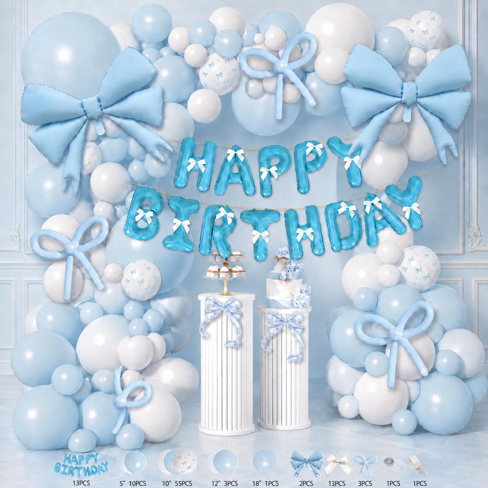 Blue Bow Birthday Balloon Decorations Set - Complete Party Arch Kit with Foil & Latex Balloons, Garland Tape & Adhesive Dots for Boys Shower Wedding Anniversary Celebrations