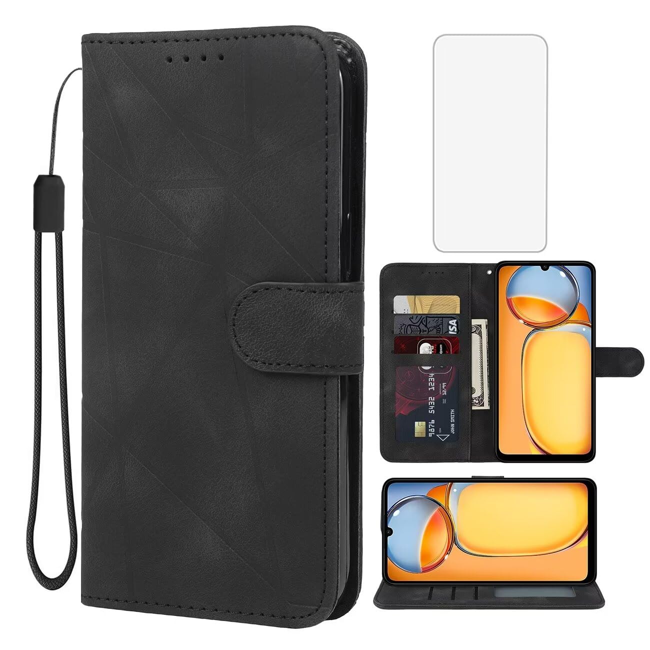 Wanyuexes Case for Redmi 13C 4G/5G & Poco C65/M6 5G, Leather Flip Wallet Case with Tempered Glass Screen Protector, Kickstand