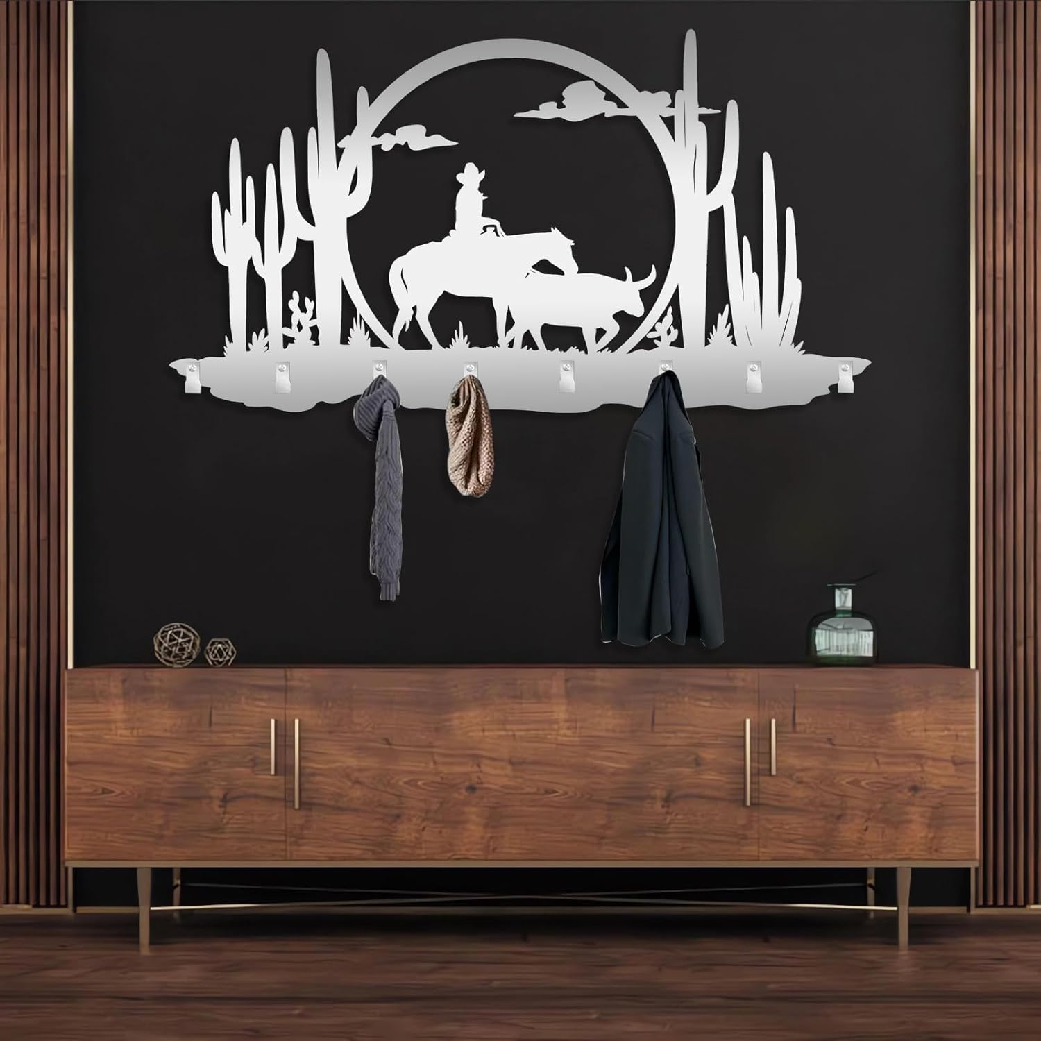 Cowboy Scene and Horse Coat Rack, Wild West Wall Mounted, Rustic Western Cowboy Metal Coat Rack, Cowboy Metal Wall Hanging, Wild West Home Decor (Gold, 13"x24"|33x60cm)