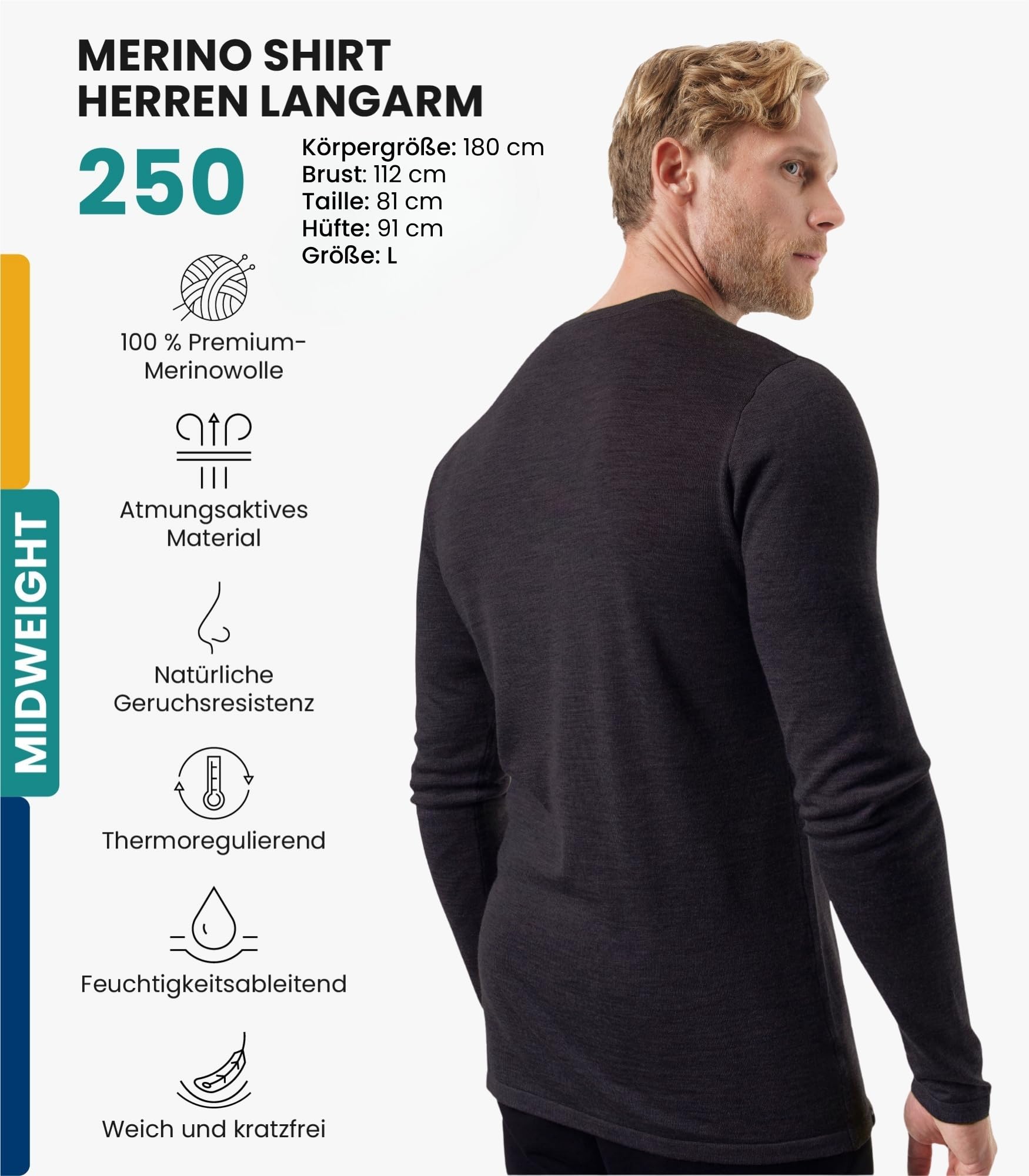 100% Merino Langarmshirt Herren - Merino Unterwäsche Herren + Wollsocken | Atmungsaktive, Sport & Wandern, feuchtigkeitsableitendes Merino Shirt, Ganzjahres-Baselayer, Leicht/Midweight/Schwer