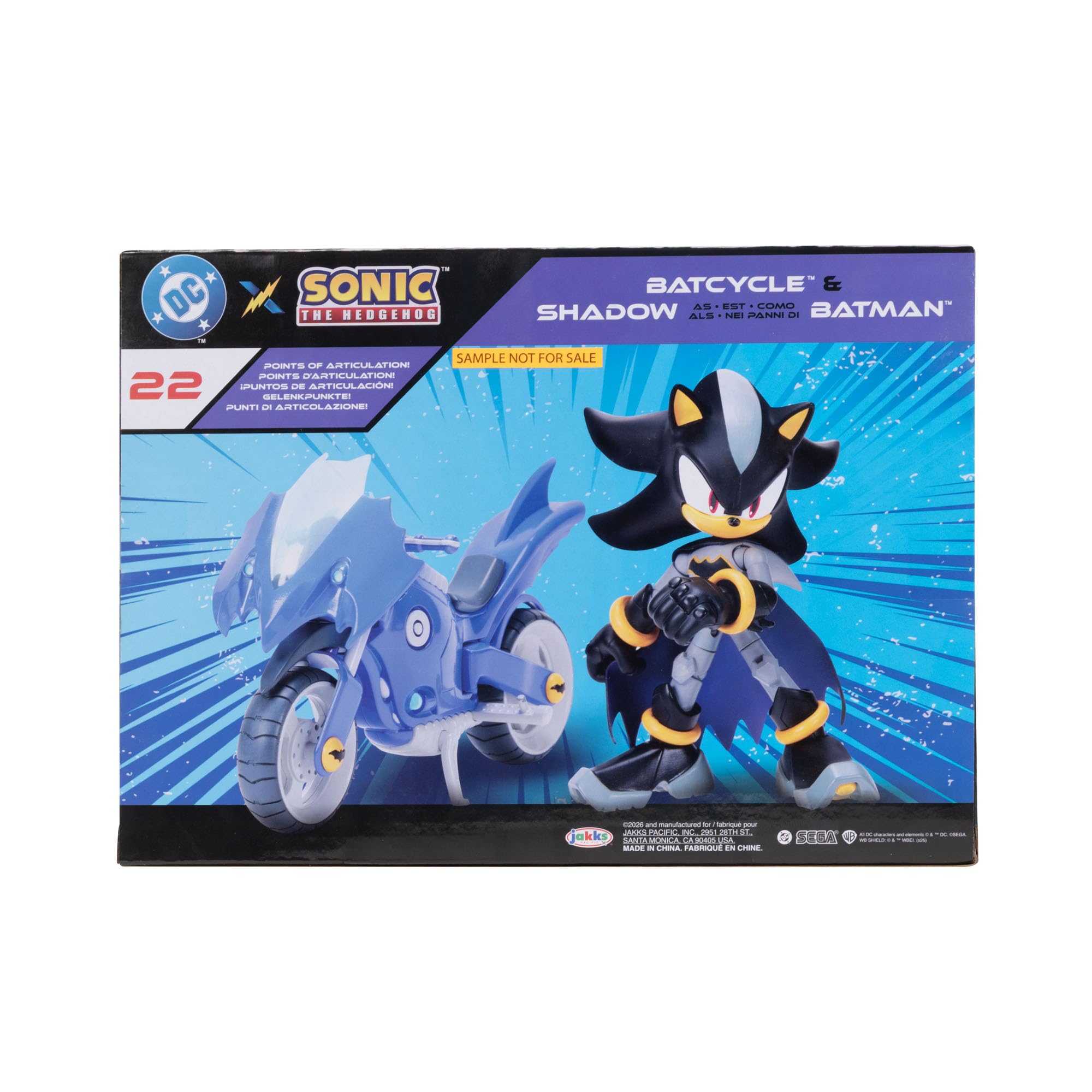 Coffret Figurine articulée DC x Sonic Shadow en Batman et Batcycle, Jakks Pacific, Comprenant Une Figurine Shadow de 12,7cm & Un véhicule interactif avec Roues Mobiles et béquille Fonctionnelle.