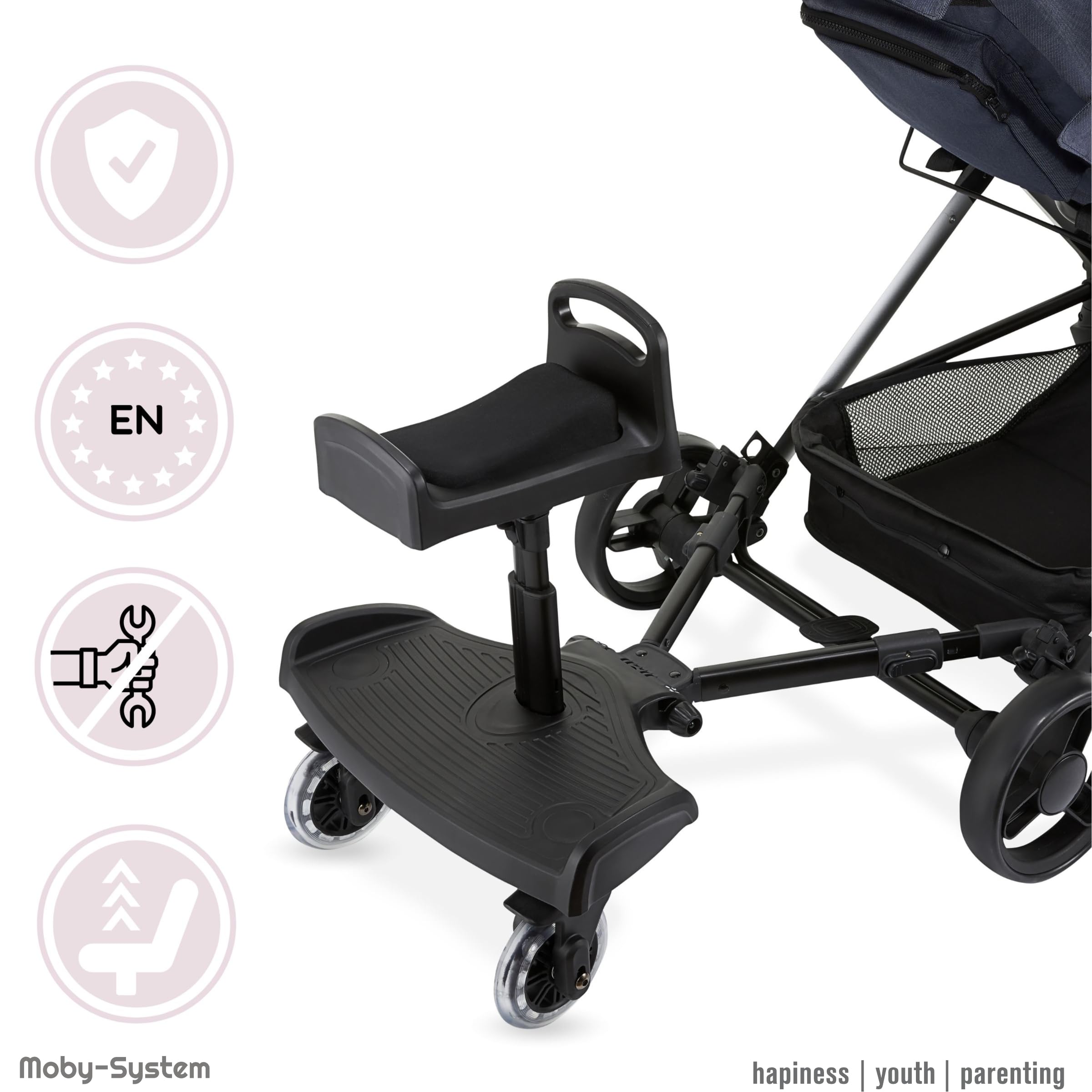 Moby-System BUGGY2GO Proveedor de cochecito con asiento ajustable, montaje universal, ruedas amortiguadas de 360°, para niños de 2 a 5 años, se adapta al 99,9% de los cochecitos, asiento de entrega