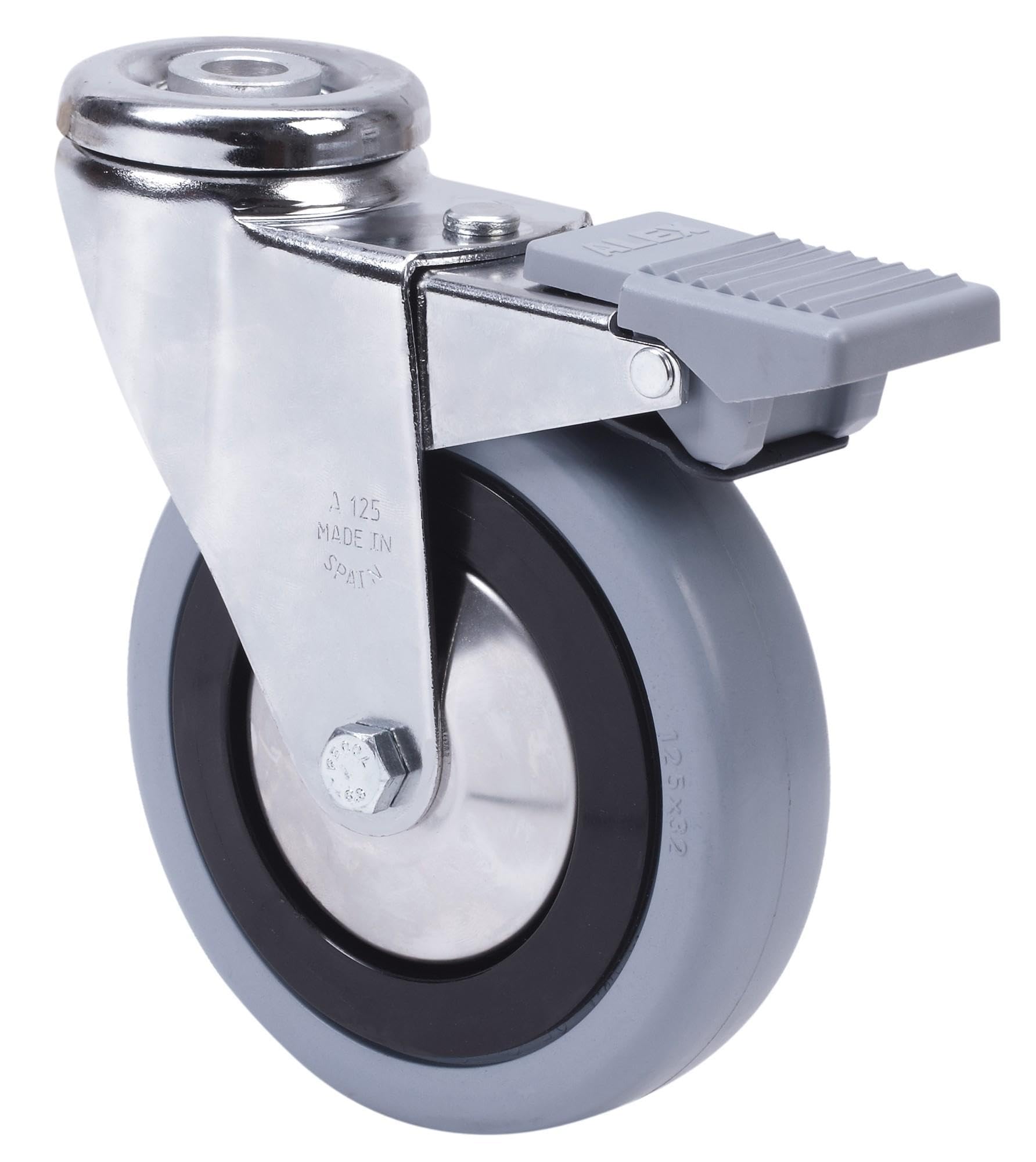 Rueda para Camilla Giratoria con Freno, RUEDAS ALEX - A PGA, Fijación de Agujero, Aro de Goma gris natural, Ø 200 mm