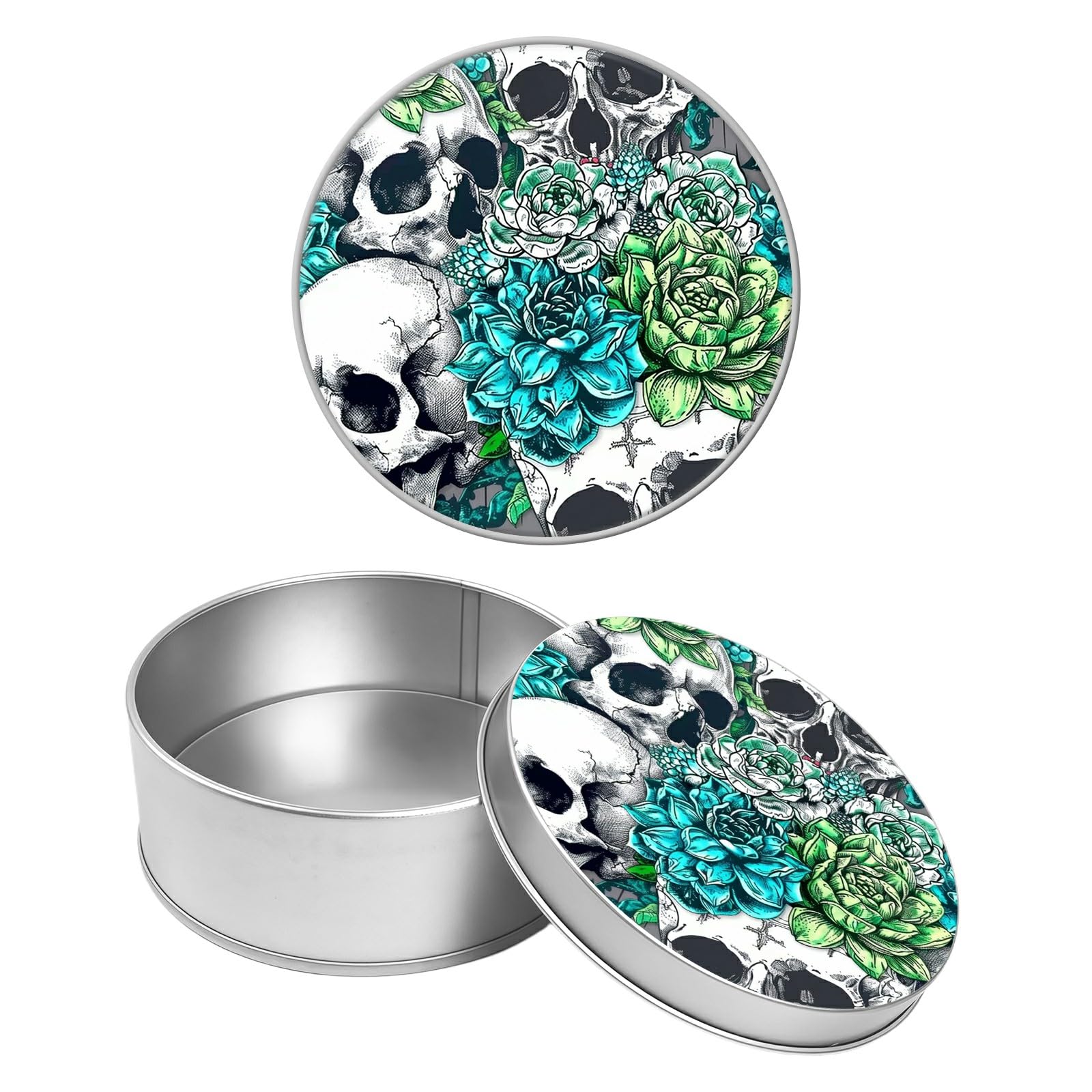 Round Metal Tin Container with Removable Lid, Retro Skulls Durable Metal Storage Box for Crafts Snacks Candies Office Supplies Small Items 3.54 x 1.38 inch– Single Pack