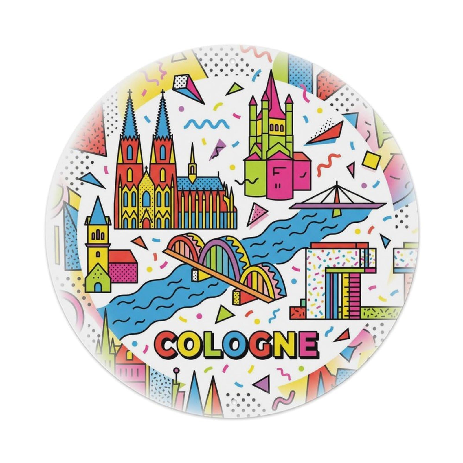 Cologne Cathedral Bridge Geometric City Map Retro Travel Metal Tin Sign Plaque Wall Decor for Cafe, Man Cave, Club Bar, Office, Home Garden Round Metal Poster 8x8Inch