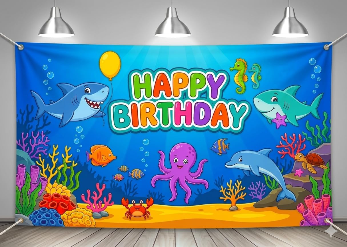Photo 1 of (7x5 feet, Big Size) RitzyBiz shark backdrop for Birthday Party Supplies Blue Cartoon Whale Ocean Photo Background for Baby Shower Decoration Boys Girls Photography Backdrop (Blue) - Chk Size Bfre Buy