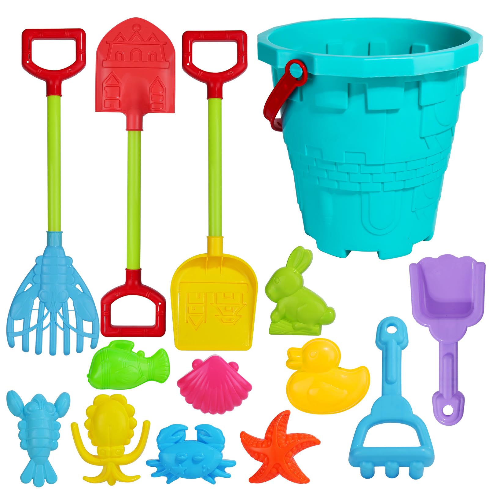 Holady 7.28" Large Castle Sand Buckets Pails Beach Water Pool Gardening Bath Toy Environmentally ABS Thick Plastic Complete Gift Set Includes Beach Bucket,Sand Mold, Sand Shovel,Rake(14 PCS)