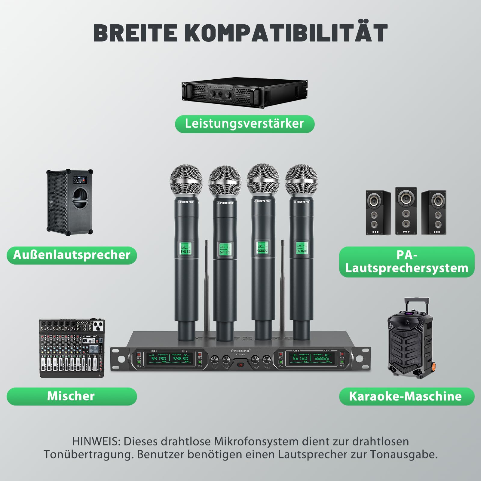 Phenyx Pro Mikrofon kabellos,4-Kanal Karaoke Mikrofon,Kabelloses Festfrequenz-Metall-Funkmikrofon mit 4 Handmikrofonen für Gesang, Kirche, DJ (PTU-5000A)