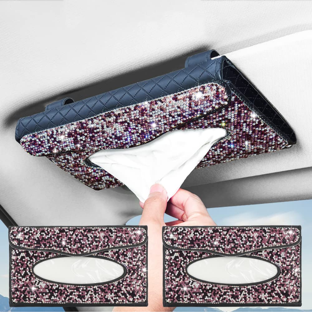 eing Car Sun Visor Tissue Box Holder Bling Crystal Napkin Box PU Leather Backseat Tissue Case Car Accessories for Women, 2 - Pack Purple