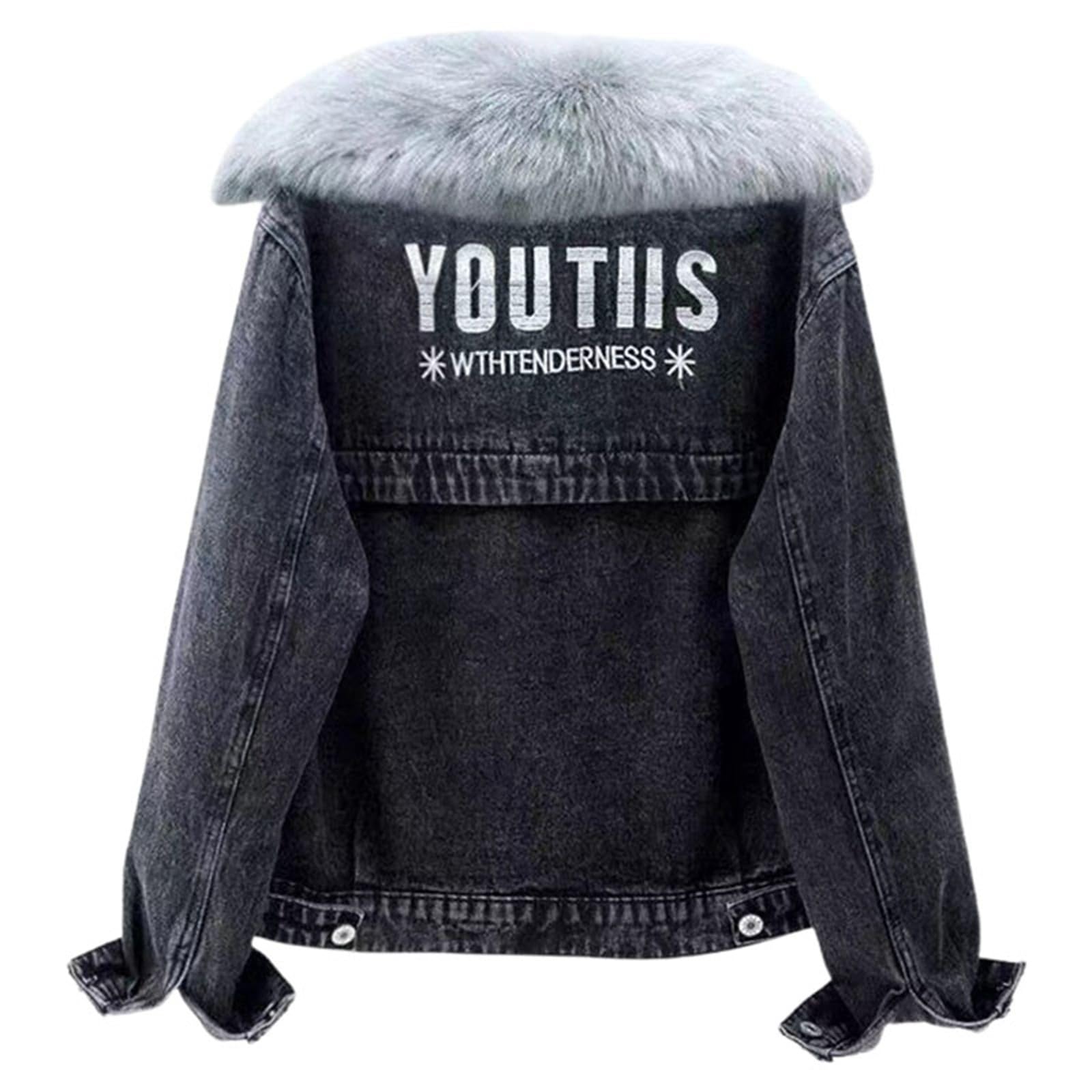 Generisch Giacca da mezza stagione, da donna, con colletto con cappuccio in peluche, invernale, calda, versatile, in jeans (nero, S)