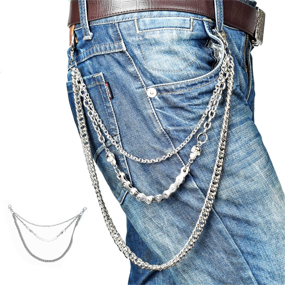 Azonee Pants Chain for Men Women, Biker Skull Wallet Chain, Punk Men Cool Skull Punk Trouser Long Wallet Key Chain for Hip Hop Rock Jean Gothic, Silver, 60-80cm