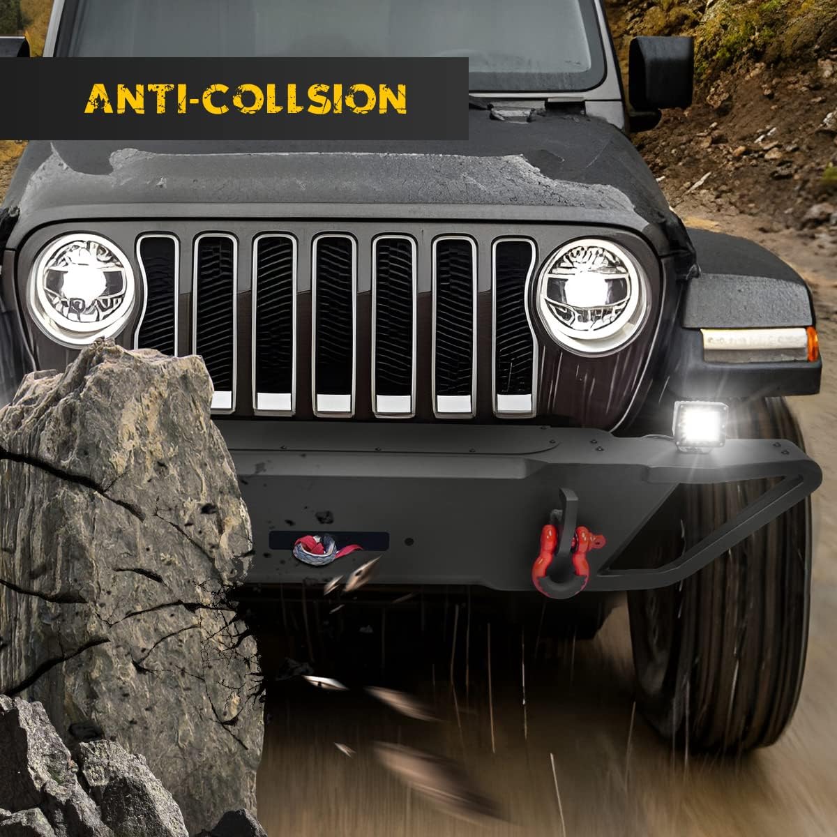 JK Wrangler Front Bumper, Compatible for Jeep 2007-2018 Wrangler JK & Unlimited, Hawkley Rock Crawler Bumper with Winch Plate Mounting & 2 x LED Lights & 2 x D-Rings Off Road