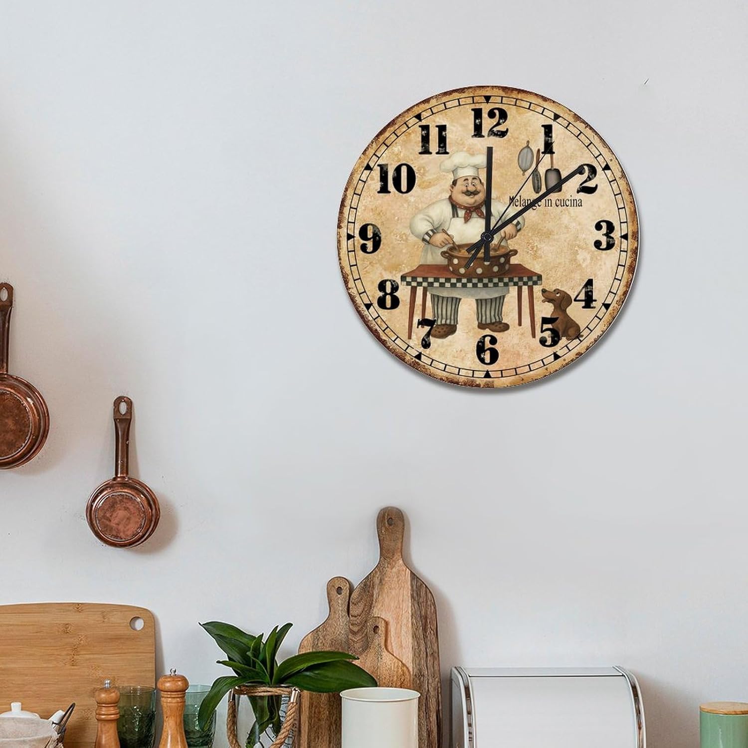 ArogGeld Vintage Chef 15 Inch Round Wall Clocks Battery Operated Silent Non-Ticking Chef Kitchen Analog Clock Modern Wall Hanging Art Farmhouse Home Decor for Kitchen Bedroom Living Room Office