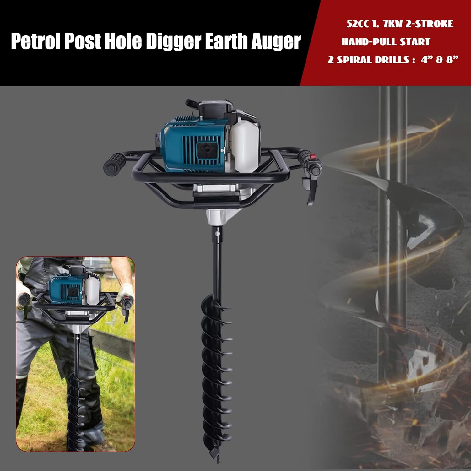 52CC Gasoline Engine,Gas Powered Post Hole Digger w/ 2 Drill Bits Single Cylinder Air-Cool Earth Auger Borer Fence Ground with 12inch Extension Bar Quickly Drilling for Farm Garden Plant